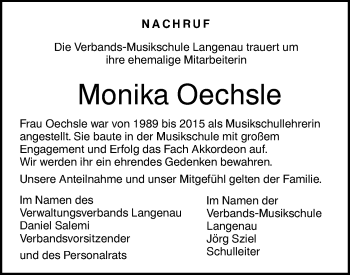 Traueranzeige von Monika Oechsle von SÜDWEST PRESSE Ausgabe Ulm/Neu-Ulm