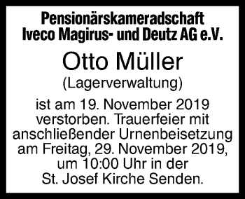 Traueranzeige von Otto Müller von SÜDWEST PRESSE Ausgabe Ulm/Neu-Ulm