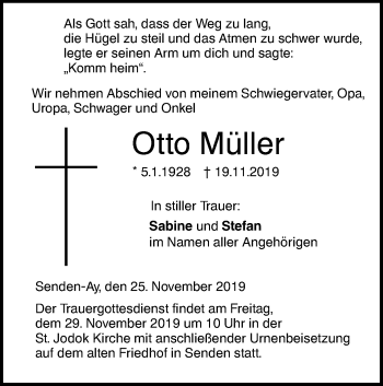 Traueranzeige von Otto Müller von SÜDWEST PRESSE Ausgabe Ulm/Neu-Ulm