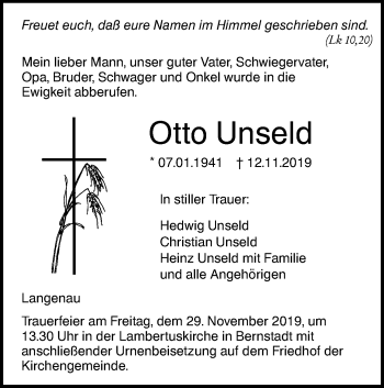 Traueranzeige von Otto Unseld von SÜDWEST PRESSE Ausgabe Ulm/Neu-Ulm