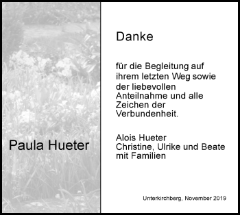 Traueranzeige von Paula Hueter von SÜDWEST PRESSE Ausgabe Ulm/Neu-Ulm