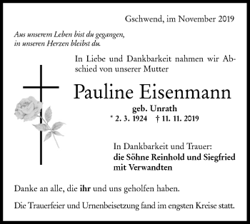 Traueranzeige von Pauline Eisenmann von Rundschau Gaildorf