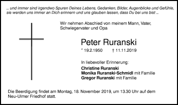 Traueranzeige von Peter Ruranski von SÜDWEST PRESSE Ausgabe Ulm/Neu-Ulm