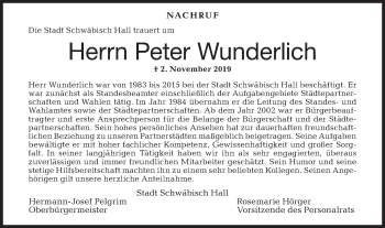 Traueranzeige von Peter Wunderlich von Haller Tagblatt/Rundschau Gaildorf