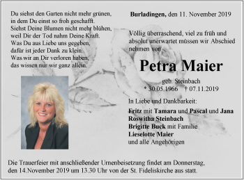 Traueranzeige von Petra Maier von Hohenzollerische Zeitung