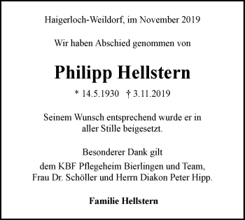 Traueranzeige von Philipp Hellstern von Hohenzollerische Zeitung