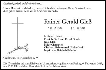 Traueranzeige von Rainer Gerald Gleß von Hohenloher Tagblatt