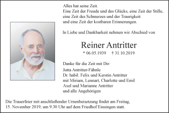 Traueranzeige von Reiner Antritter von SÜDWEST PRESSE Ausgabe Ulm/Neu-Ulm