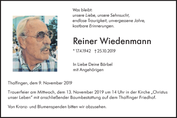 Traueranzeige von Reiner Wiedenmann von SÜDWEST PRESSE Ausgabe Ulm/Neu-Ulm