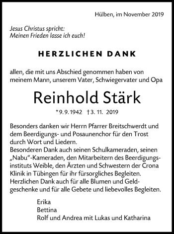 Traueranzeige von Reinhold Stärk von Metzinger-Uracher Volksblatt