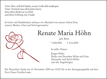 Traueranzeige von Renate Maria Höhn von SÜDWEST PRESSE Ausgabe Ulm/Neu-Ulm