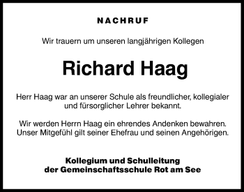 Traueranzeige von Richard Haag von Hohenloher Tagblatt