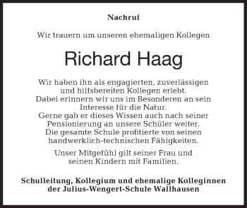 Traueranzeige von Richard Haag von Hohenloher Tagblatt