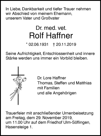 Traueranzeige von Rolf Haffner von SÜDWEST PRESSE Ausgabe Ulm/Neu-Ulm