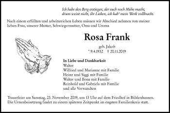 Traueranzeige von Rosa Frank von SÜDWEST PRESSE Ausgabe Ulm/Neu-Ulm