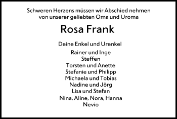 Traueranzeige von Rosa Frank von SÜDWEST PRESSE Ausgabe Ulm/Neu-Ulm