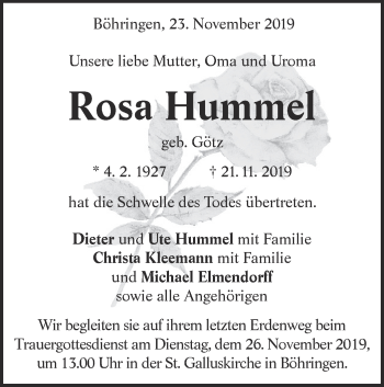 Traueranzeige von Rosa Hummel von Alb-Bote/Metzinger-Uracher Volksblatt