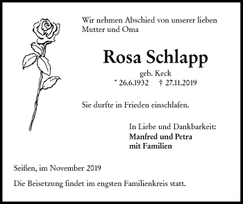 Traueranzeige von Rosa Schlapp von SÜDWEST PRESSE Ausgabe Ulm/Neu-Ulm