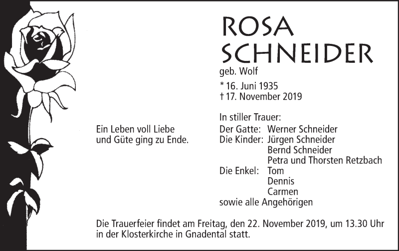  Traueranzeige für Rosa Schneider vom 20.11.2019 aus Haller Tagblatt