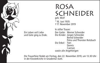 Traueranzeige von Rosa Schneider von Haller Tagblatt