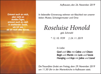 Traueranzeige von Roseluise Honold von Geislinger Zeitung