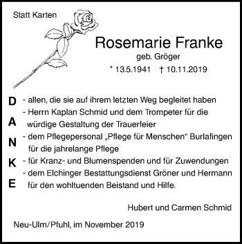 Traueranzeige von Rosemarie Franke von SÜDWEST PRESSE Ausgabe Ulm/Neu-Ulm