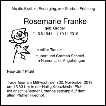 Traueranzeige von Rosemarie Franke von SÜDWEST PRESSE Ausgabe Ulm/Neu-Ulm