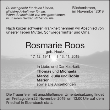 Traueranzeige von Rosmarie Roos von NWZ Neue Württembergische Zeitung