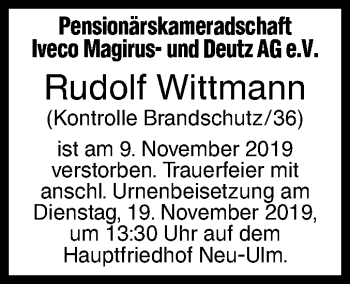 Traueranzeige von Rudolf Wittmann von SÜDWEST PRESSE Ausgabe Ulm/Neu-Ulm