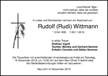 Traueranzeige von Rudolf Wittmann von SÜDWEST PRESSE Ausgabe Ulm/Neu-Ulm