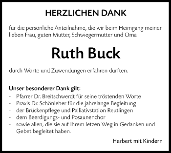 Traueranzeige von Ruth Buck von Metzinger-Uracher Volksblatt