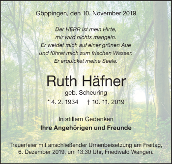 Traueranzeige von Ruth Häfner von NWZ Neue Württembergische Zeitung