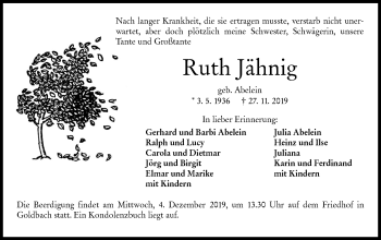 Traueranzeige von Ruth Jähnig von Hohenloher Tagblatt