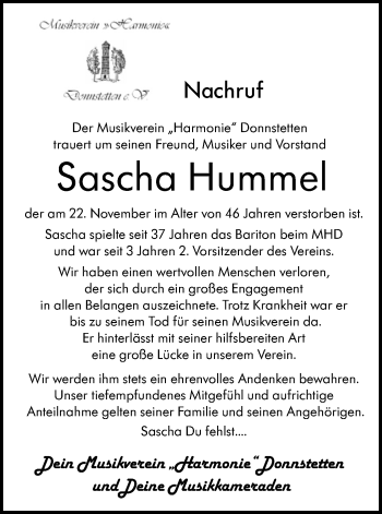 Traueranzeige von Sascha Hummel von Alb-Bote/Metzinger-Uracher Volksblatt