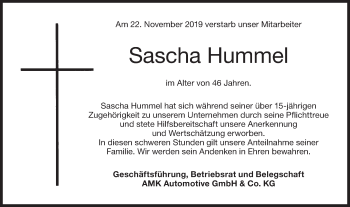 Traueranzeige von Sascha Hummel von Metzinger-Uracher Volksblatt