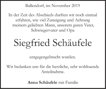 Traueranzeige von Siegfried Schäufele von SÜDWEST PRESSE Ausgabe Ulm/Neu-Ulm