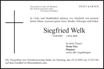 Traueranzeige von Siegfried Welk von Haller Tagblatt