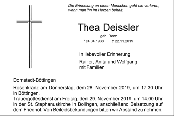 Traueranzeige von Thea Deissler von SÜDWEST PRESSE Ausgabe Ulm/Neu-Ulm