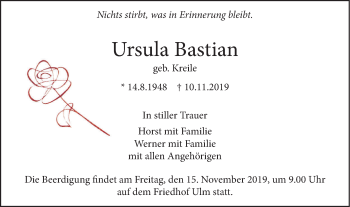 Traueranzeige von Ursula Bastian von SÜDWEST PRESSE Ausgabe Ulm/Neu-Ulm