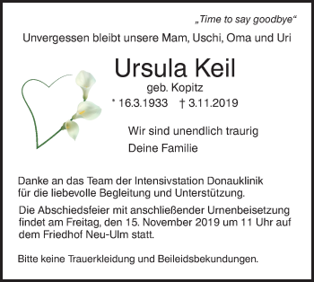 Traueranzeige von Ursula Keil von SÜDWEST PRESSE Ausgabe Ulm/Neu-Ulm