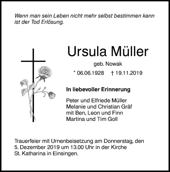 Traueranzeige von Ursula Müller von SÜDWEST PRESSE Ausgabe Ulm/Neu-Ulm