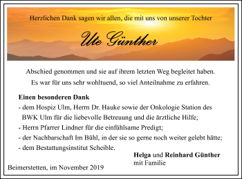 Traueranzeige von Ute Günther von SÜDWEST PRESSE Ausgabe Ulm/Neu-Ulm