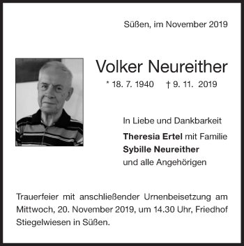 Traueranzeige von Volker Neureither von NWZ Neue Württembergische Zeitung