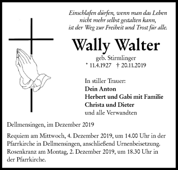 Traueranzeige von Wally Walter von SÜDWEST PRESSE Ausgabe Ulm/Neu-Ulm