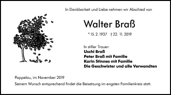 Traueranzeige von Walter Braß von SÜDWEST PRESSE