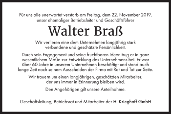 Traueranzeige von Walter Braß von SÜDWEST PRESSE