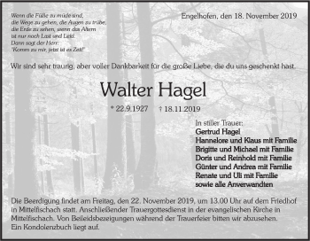 Traueranzeige von Walter Hagel von Haller Tagblatt