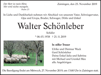 Traueranzeige von Walter Schönleber von Alb-Bote/Metzinger-Uracher Volksblatt