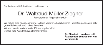 Traueranzeige von Waltraud Müller-Ziegner von Haller Tagblatt