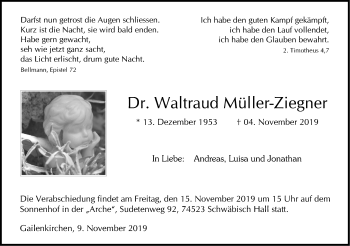 Traueranzeige von Waltraud Müller-Ziegner von Haller Tagblatt